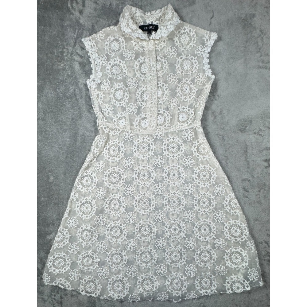 HAI-SEL Floral Lace Mini Dress Sheer White Silk Sleeveless Collared Womens Sz LG